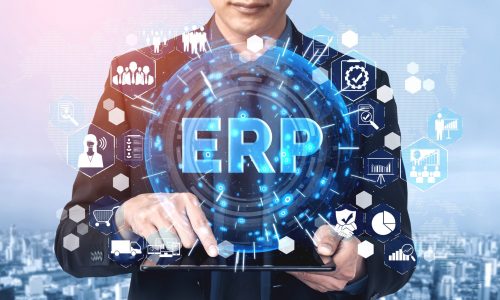 Enterprise Resource Management ERP software system for business resources plan presented in modern graphic interface showing future technology to manage company enterprise resource.