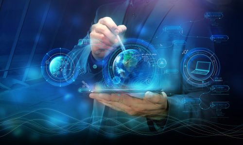 Virtual infographic with Earth hologram for background on the Future of Business.